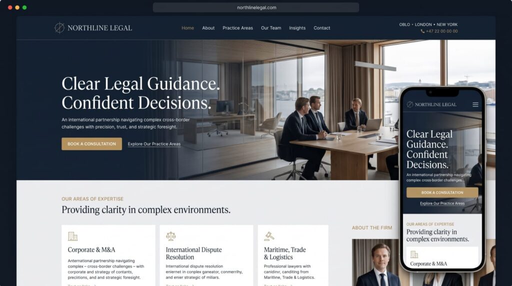 Northline Legal international law firm website with consultation booking, shown on desktop and mobile