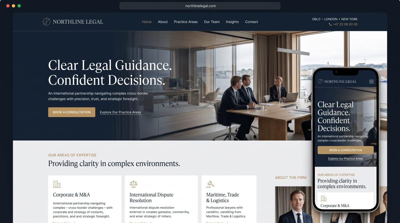 Northline Legal international law firm website with consultation booking, shown on desktop and mobile