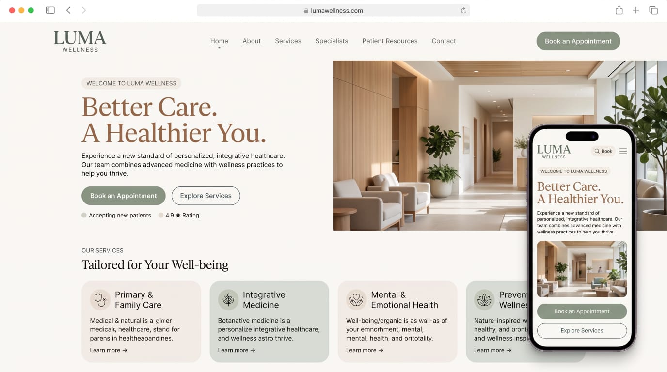 Luma Wellness healthcare website with appointment booking, shown on desktop and mobile