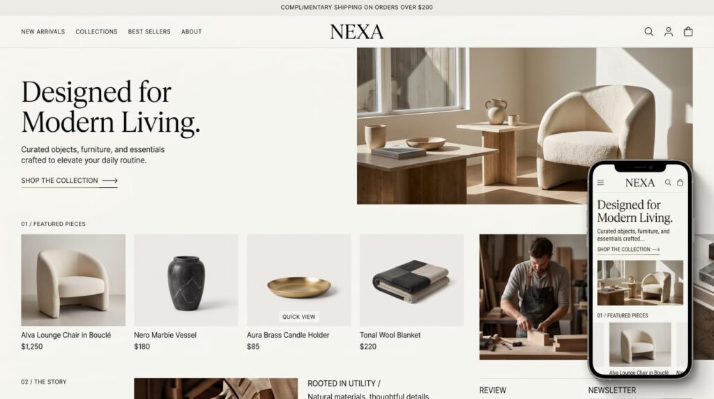NEXA e-commerce website design for modern furniture and home essentials, shown on desktop and mobile