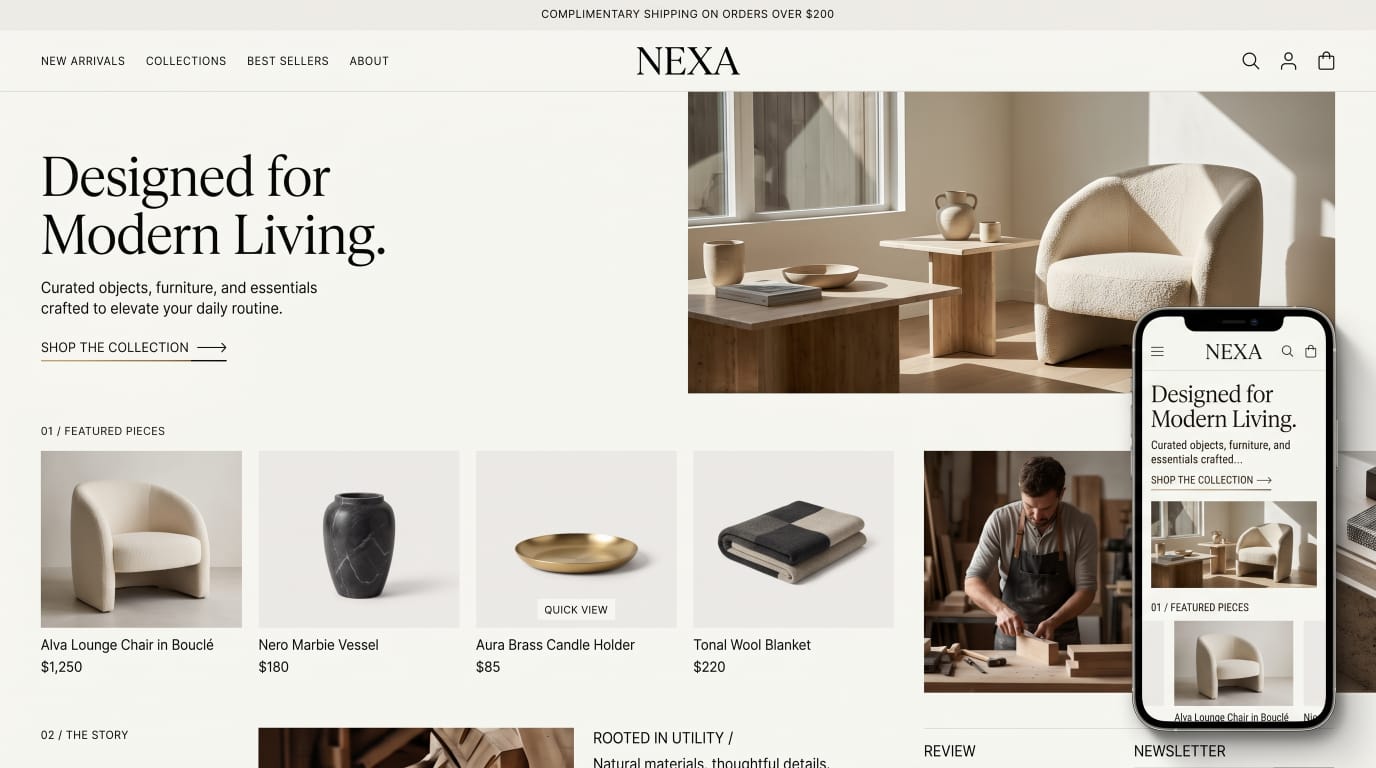 NEXA e-commerce website design for modern furniture and home essentials, shown on desktop and mobile