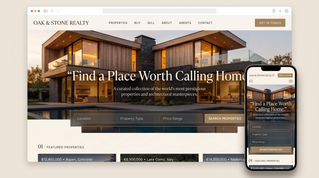Oak and Stone Realty luxury real estate website with property search, shown on desktop and mobile